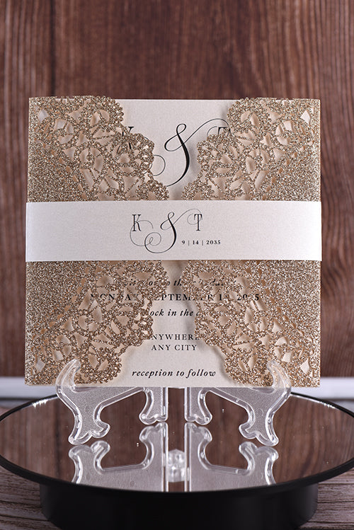 Elegant Rustic Lace Glitter Paper Laser Cut invitation Bella0067G