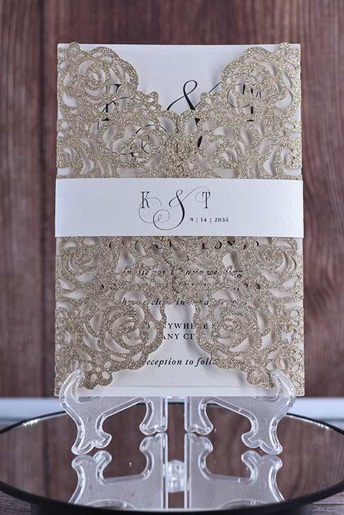 Elegant Rose Design Glitter Paper Laser Cut Invitation BELLA0140G