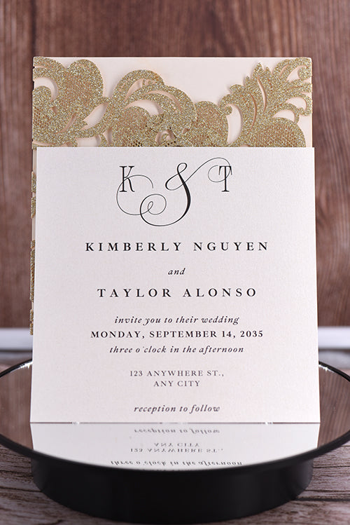 Gorgeous Lace Glitter Paper Laser Cut Invitation Bella0002G