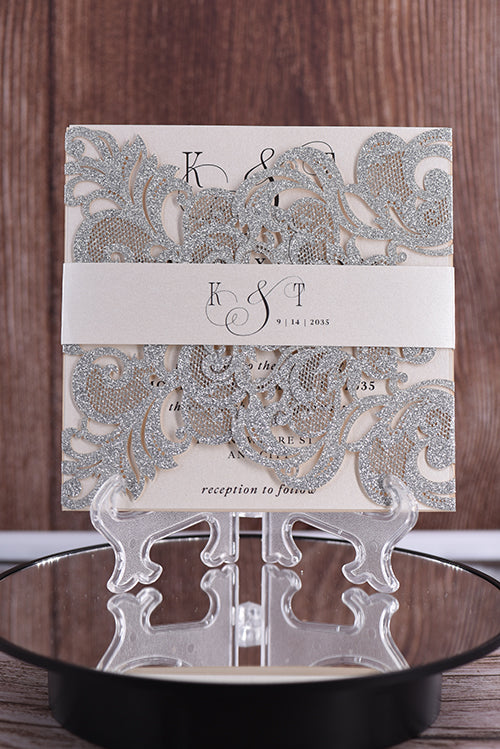 Gorgeous Lace Glitter Paper Laser Cut Invitation Bella0002G