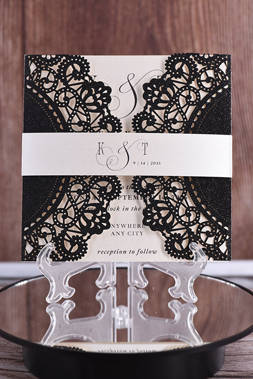Elegant Rustic Lace Glitter Paper Laser Cut invitation Bella0067G