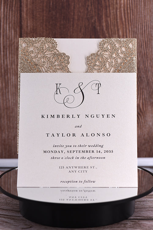 Elegant Rustic Lace Glitter Paper Laser Cut invitation Bella0067G