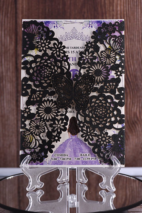 Elegant Butterfly Vertical Glitter Paper Laser Cut Invitation Bella0001G