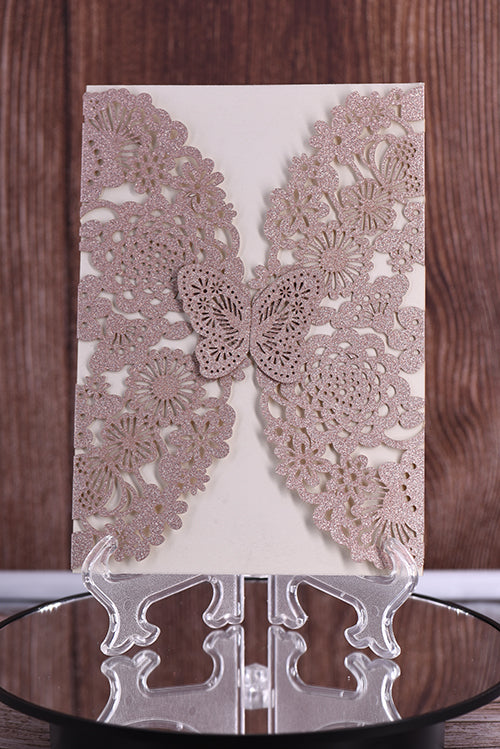 Elegant Butterfly Vertical Glitter Paper Laser Cut Invitation Bella0001G