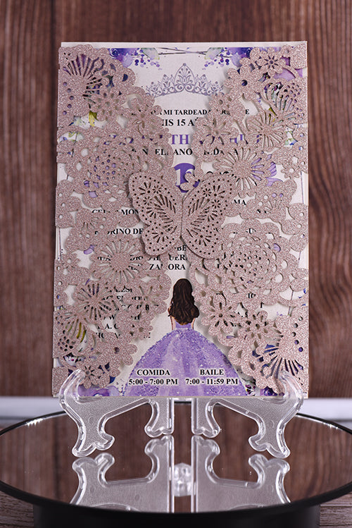 Elegant Butterfly Vertical Glitter Paper Laser Cut Invitation Bella0001G