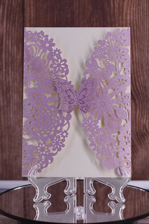 Elegant Butterfly Vertical Glitter Paper Laser Cut Invitation Bella0001G
