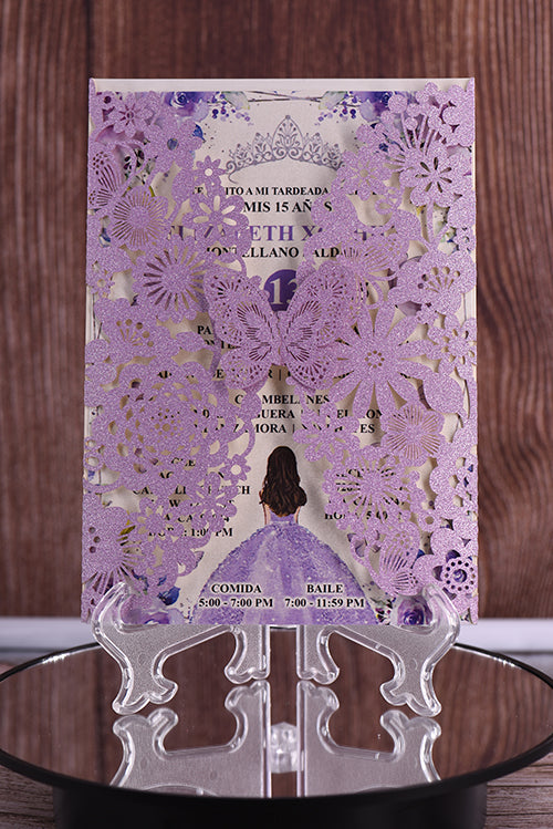 Elegant Butterfly Vertical Glitter Paper Laser Cut Invitation Bella0001G