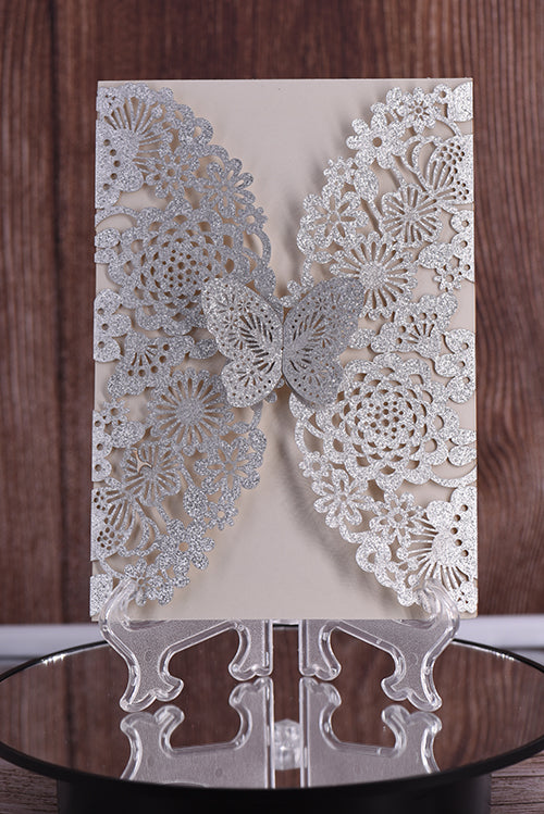 Elegant Butterfly Vertical Glitter Paper Laser Cut Invitation Bella0001G