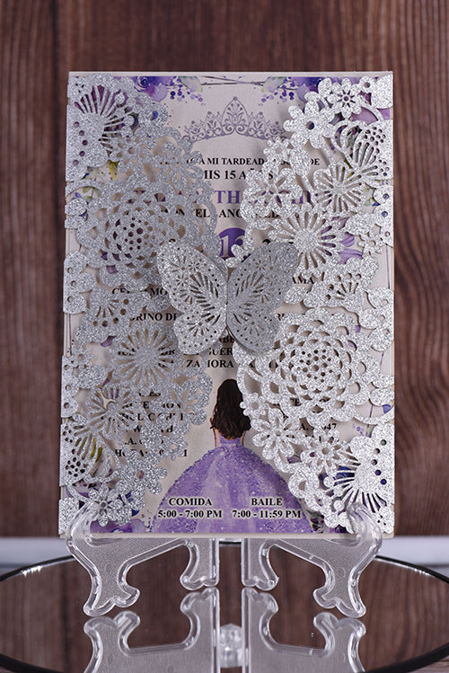 Elegant Butterfly Vertical Glitter Paper Laser Cut Invitation Bella0001G