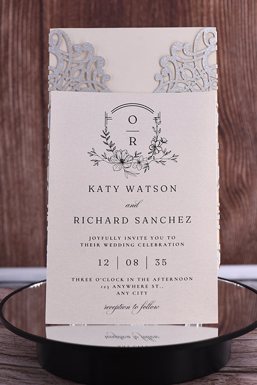 Elegant Lace Glitter Paper Laser Cut Invitation Bella0041G