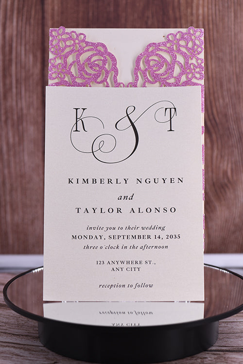Elegant Rose Design Glitter Paper Laser Cut  Invitation BELLA0140G