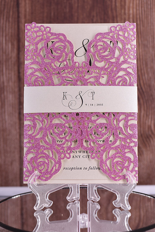 Elegant Rose Design Glitter Paper Laser Cut  Invitation BELLA0140G