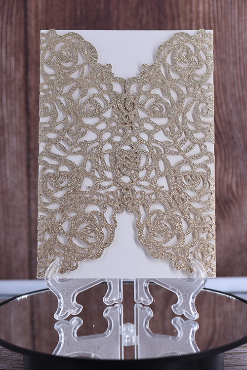 Elegant Rose Design Glitter Paper Laser Cut  Invitation BELLA0140G