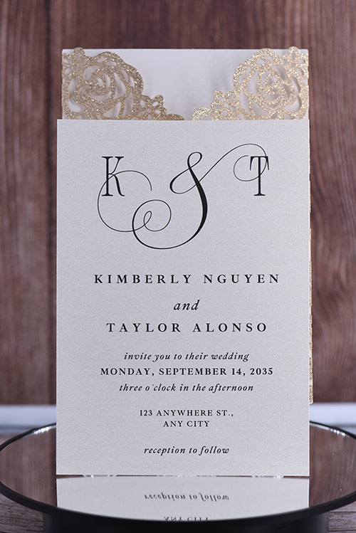 Elegant Rose Design Glitter Paper Laser Cut  Invitation BELLA0140G