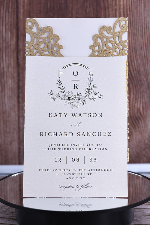 Elegant Lace Glitter Paper Laser Cut Invitation Bella0041G